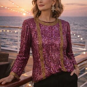 Jan Leslie Pink and Gold Sequin Long-Sleeve Top